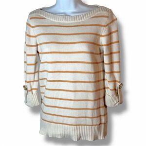 Jones New York Roll Tab Boatneck Metallic Gold Striped Cream Cotton Sweater S